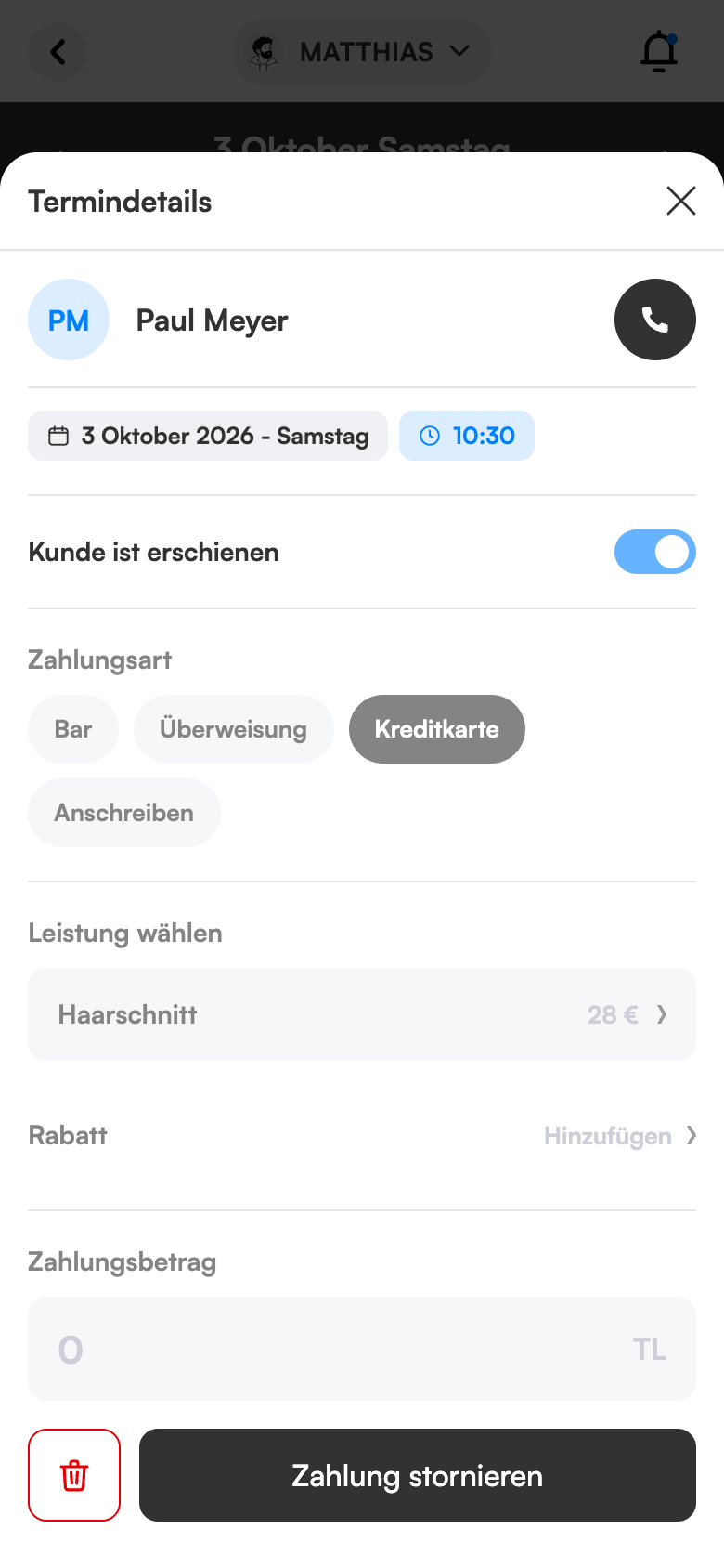 Preis bei der Zahlung