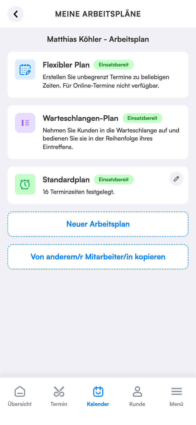 Arbeitsplan-Bildschirm