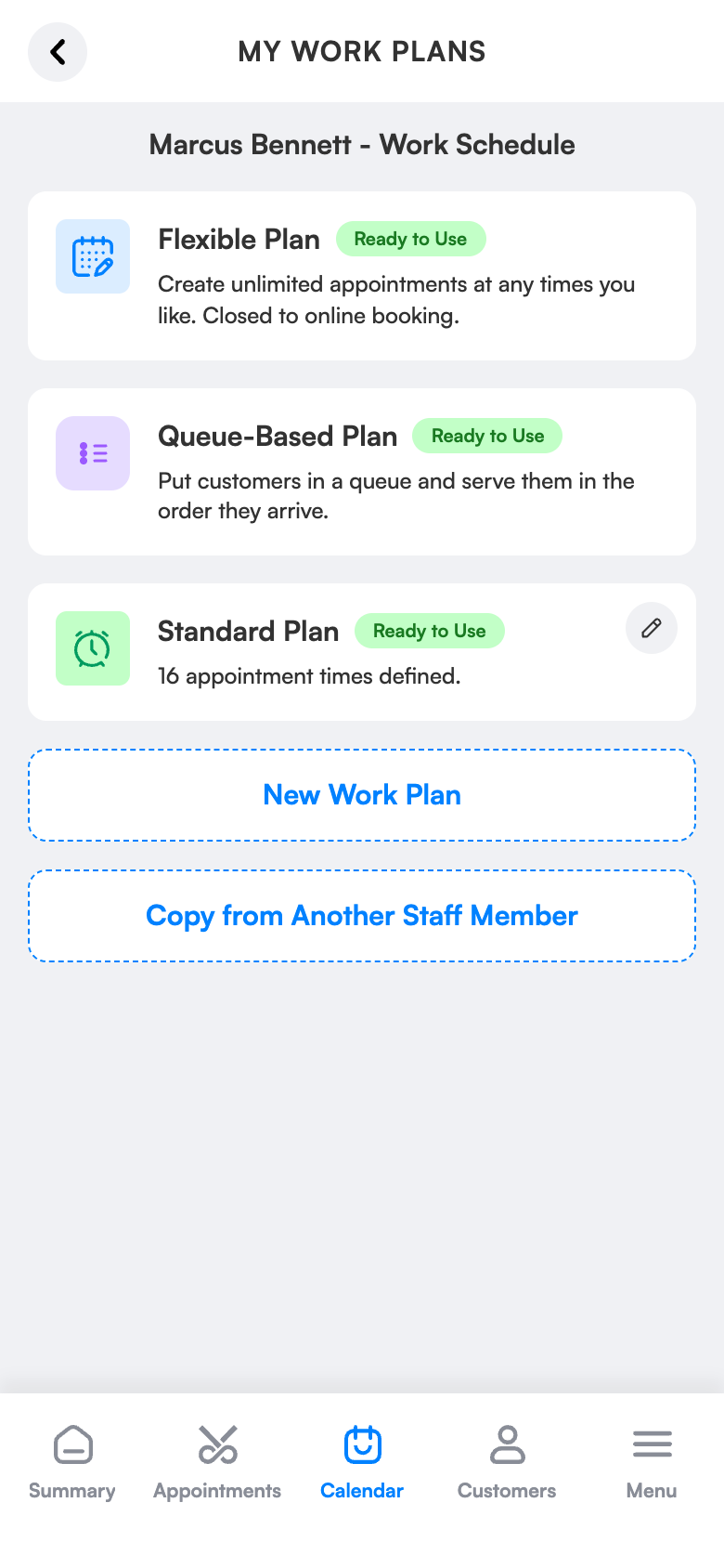 Work schedules screen