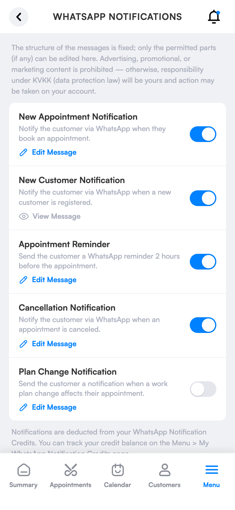 WhatsApp notification settings