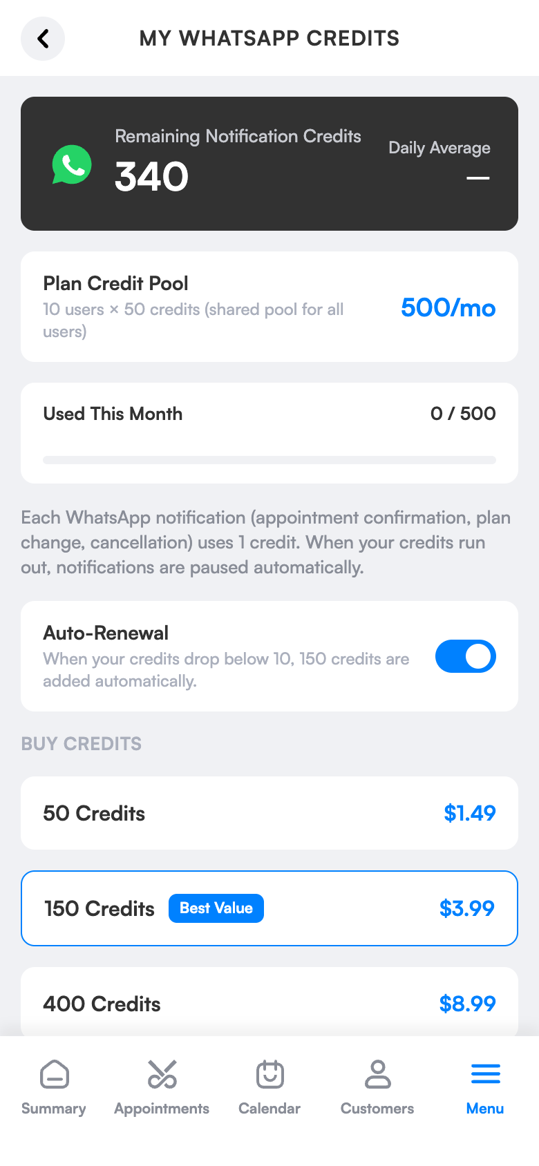 WhatsApp credits screen