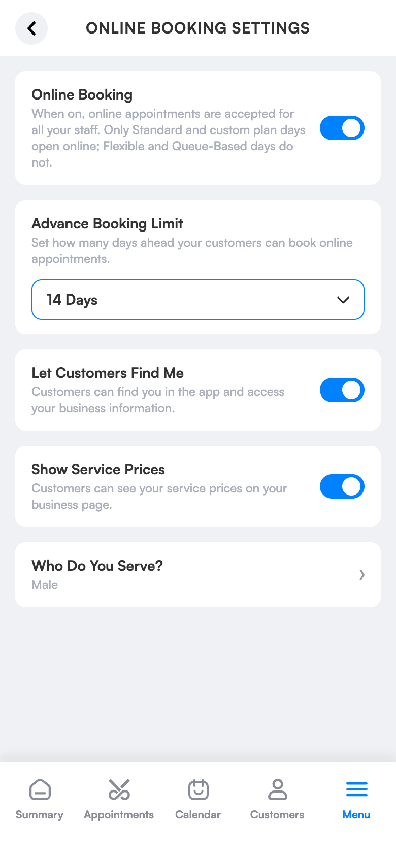Online booking settings