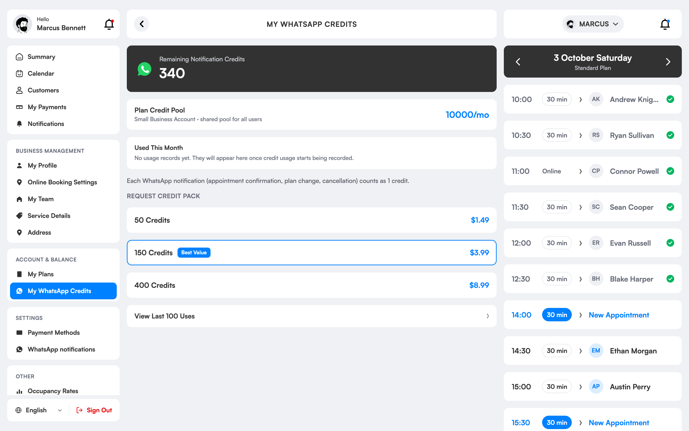WhatsApp credit balance and packs