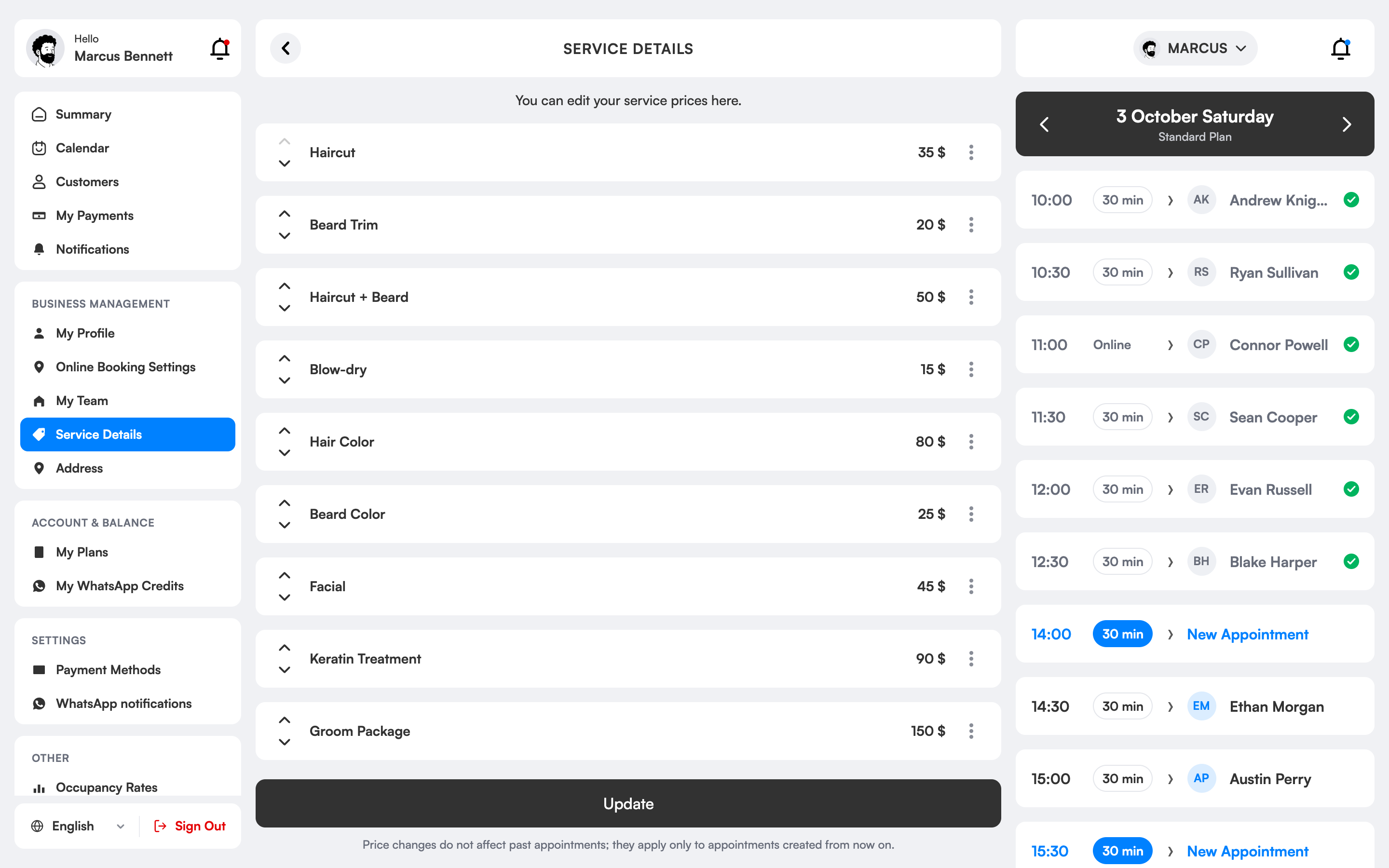 Service and price list