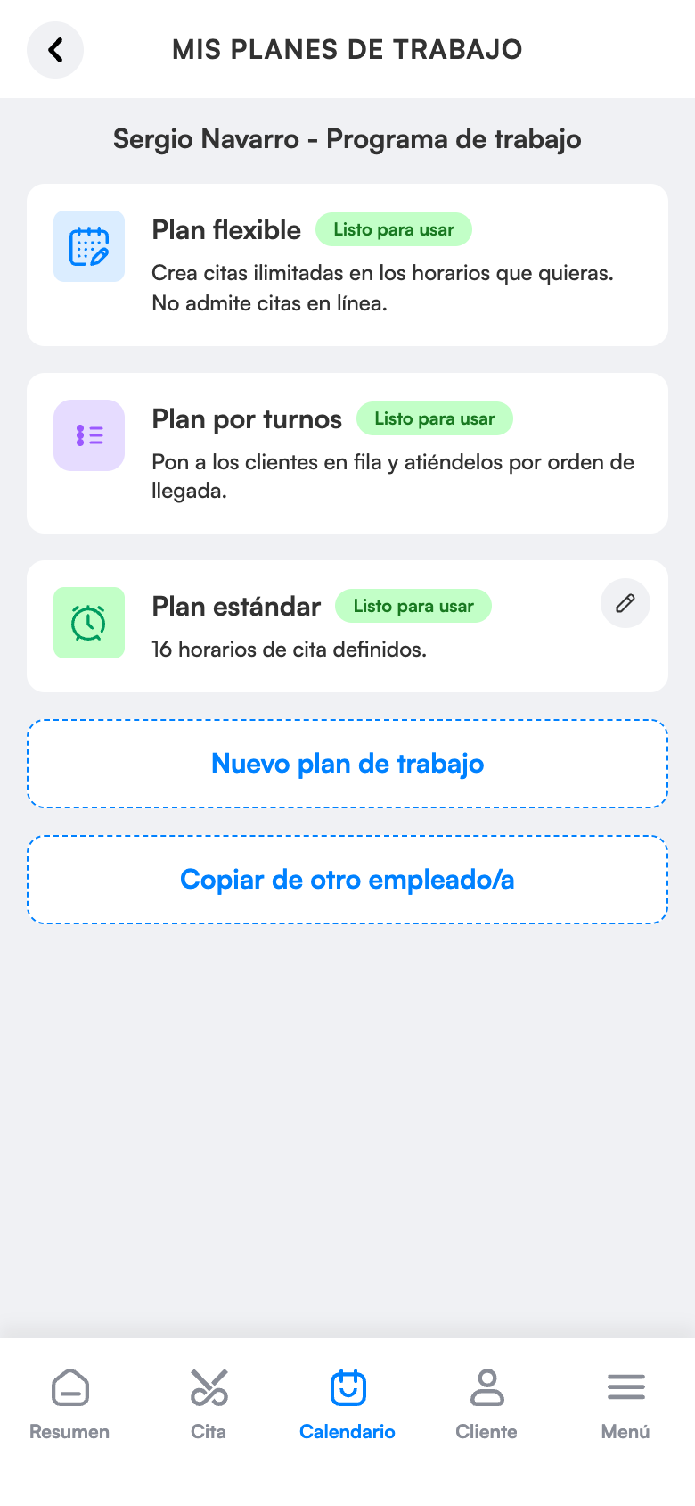 Pantalla de horarios de trabajo