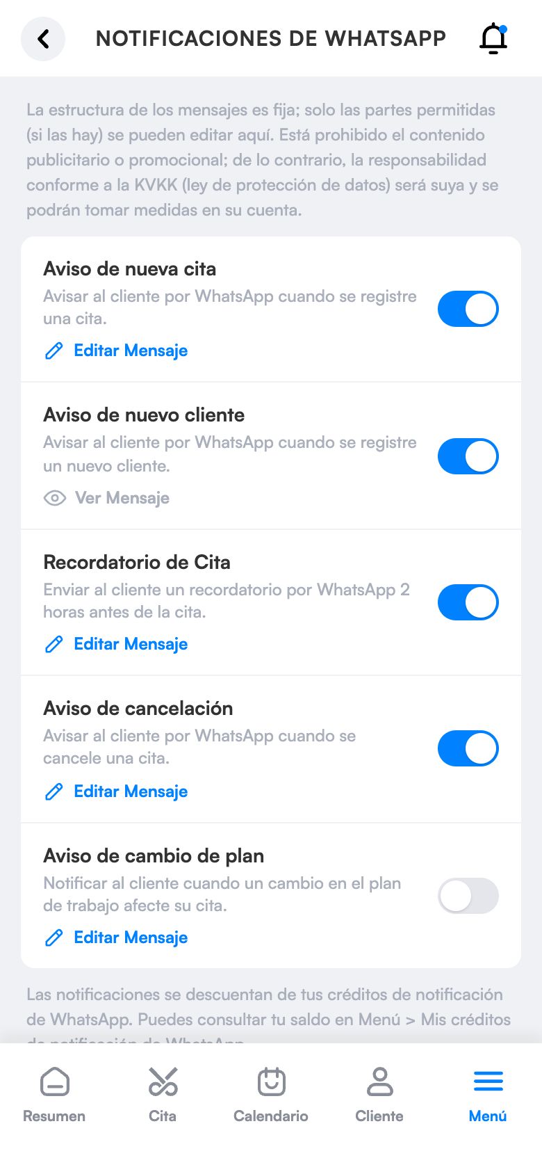 Ajustes de avisos de WhatsApp