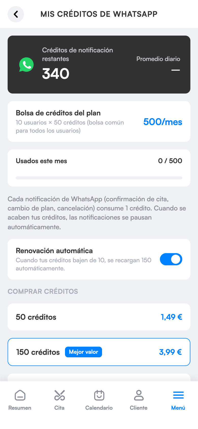 Pantalla de créditos de WhatsApp