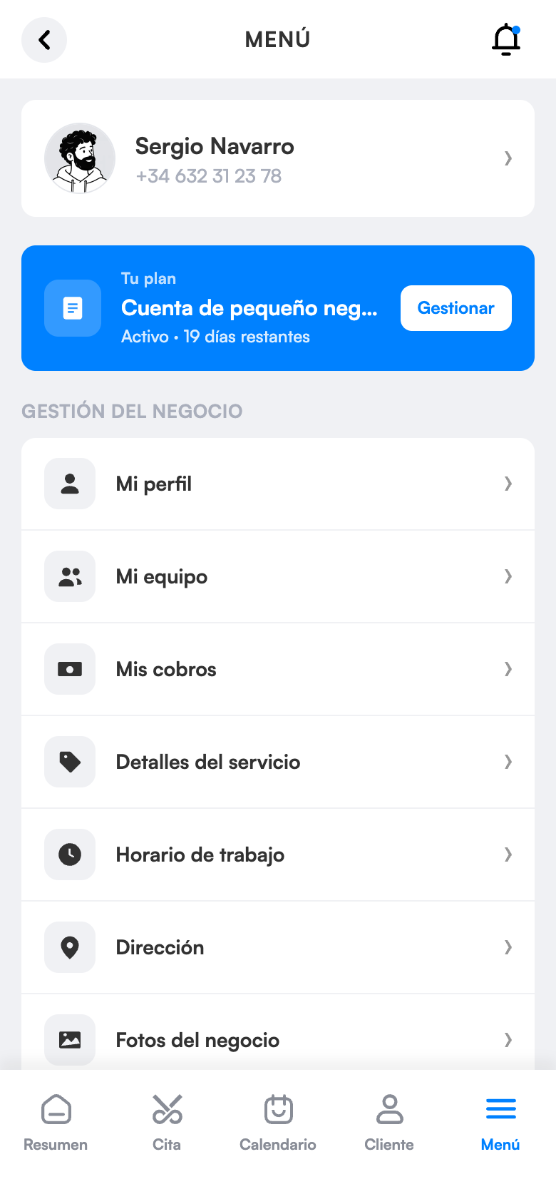 Menú del negocio