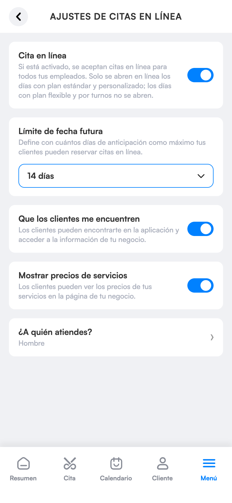 Ajustes de reserva online