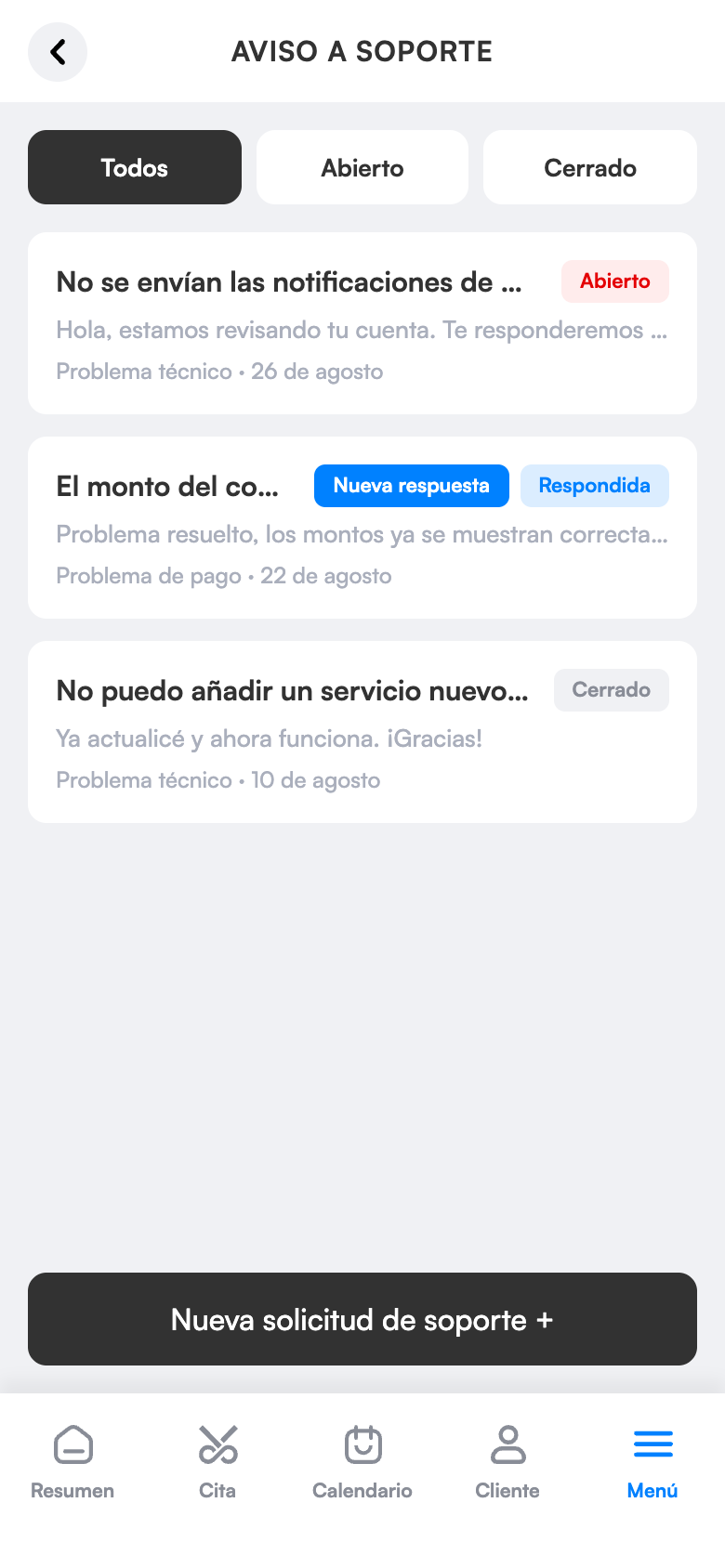 Solicitudes de soporte
