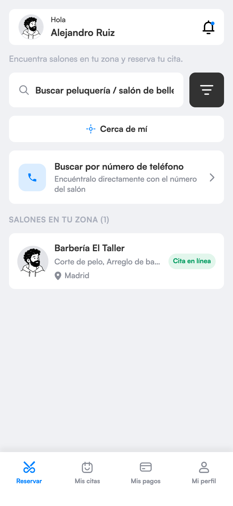 App de clientes: búsqueda de salones