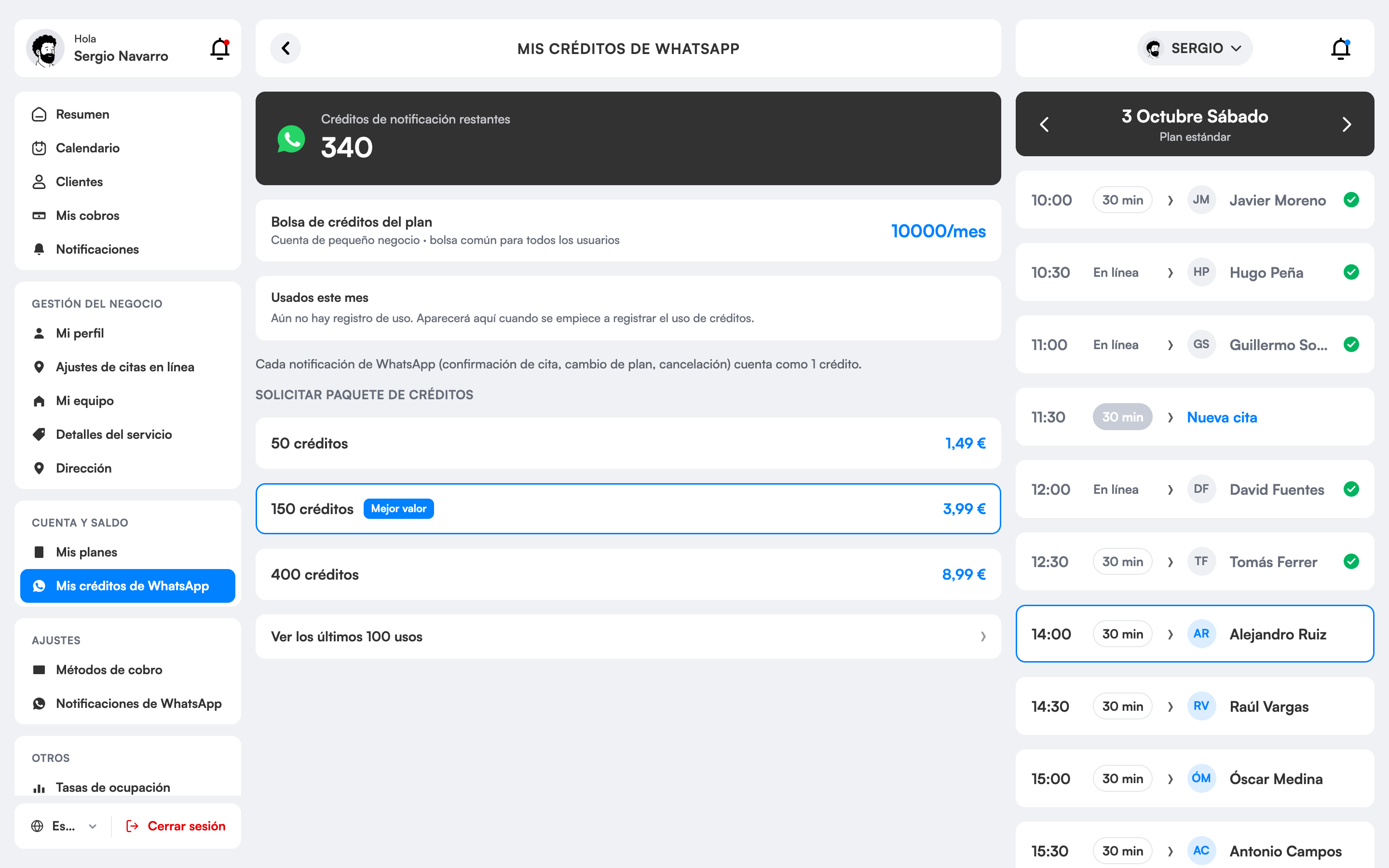 Saldo de crédito de WhatsApp y paquetes