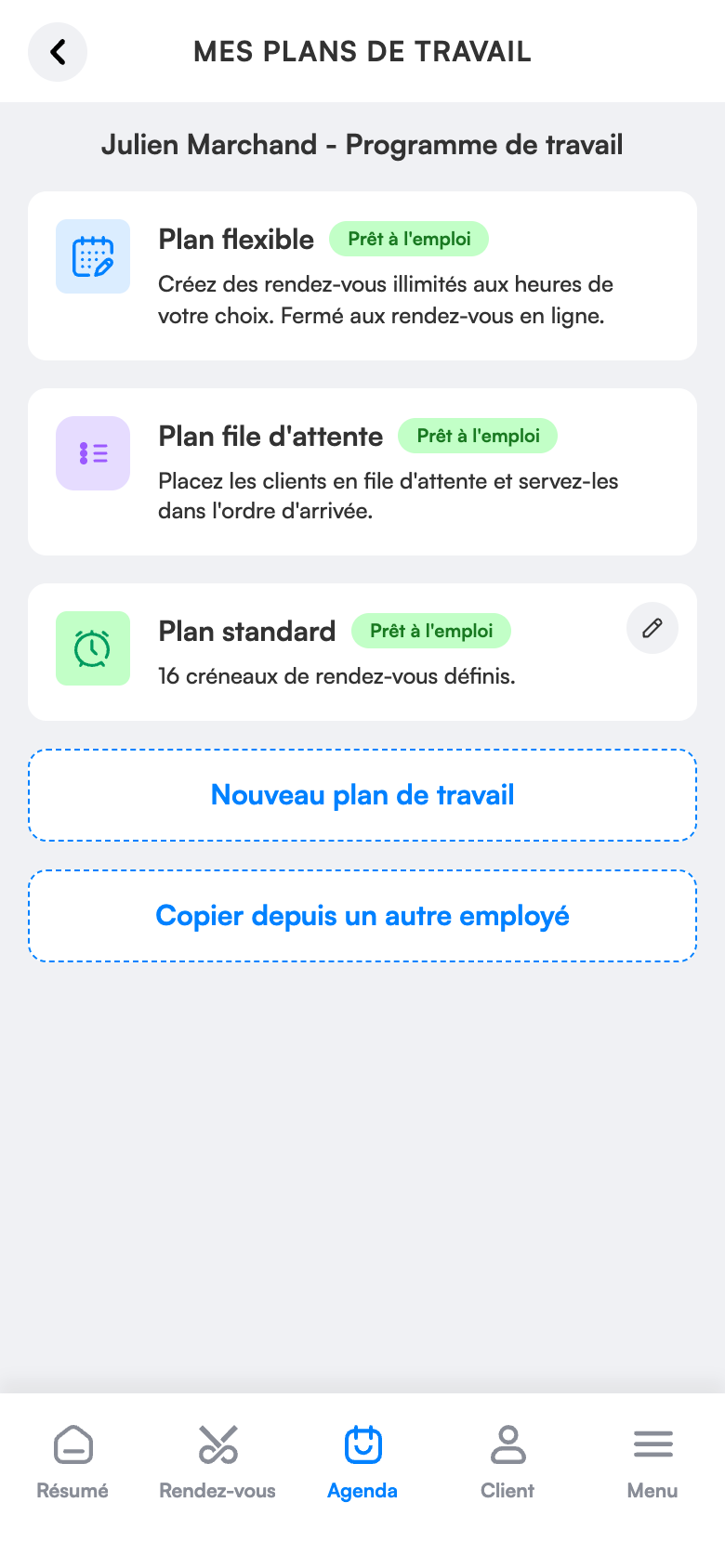 Écran des plannings de travail