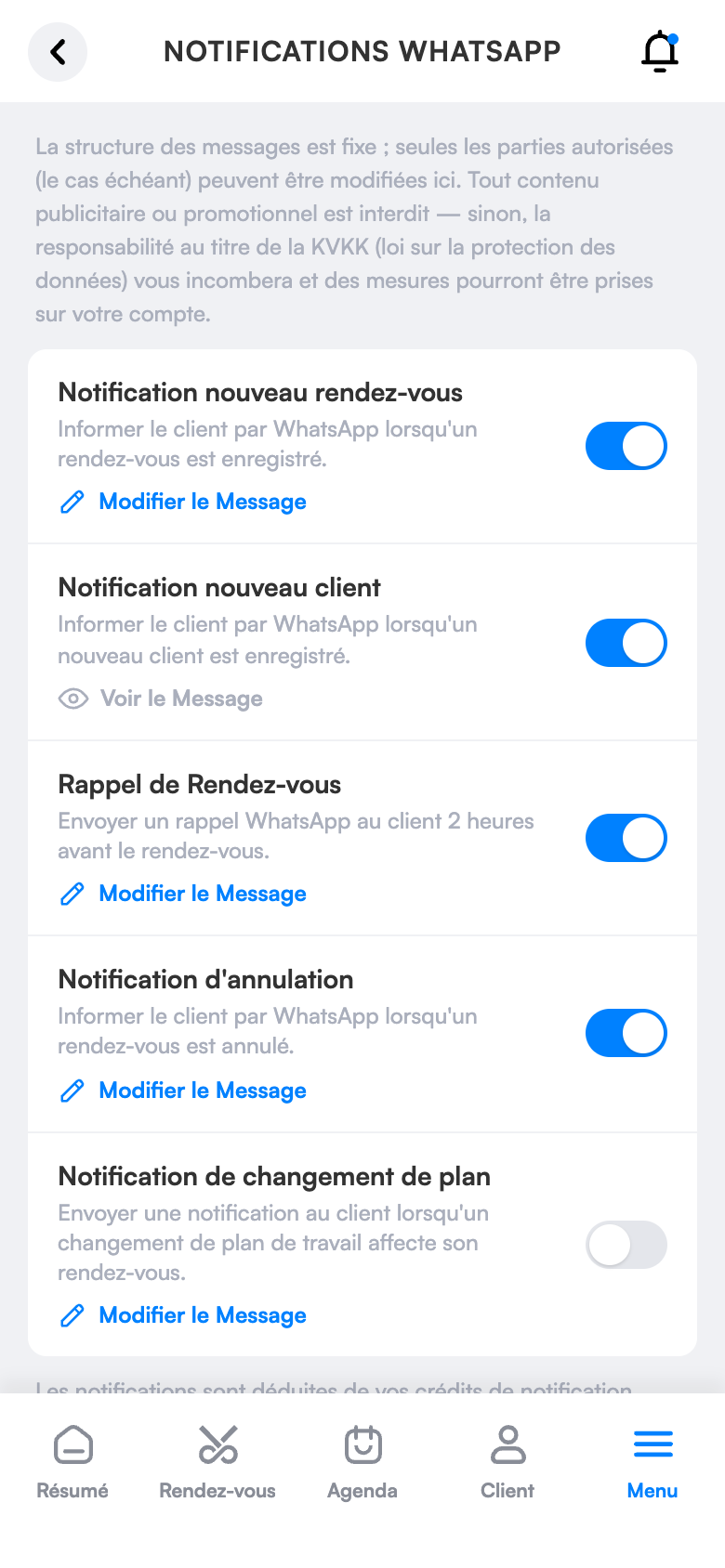 Réglages des notifications WhatsApp