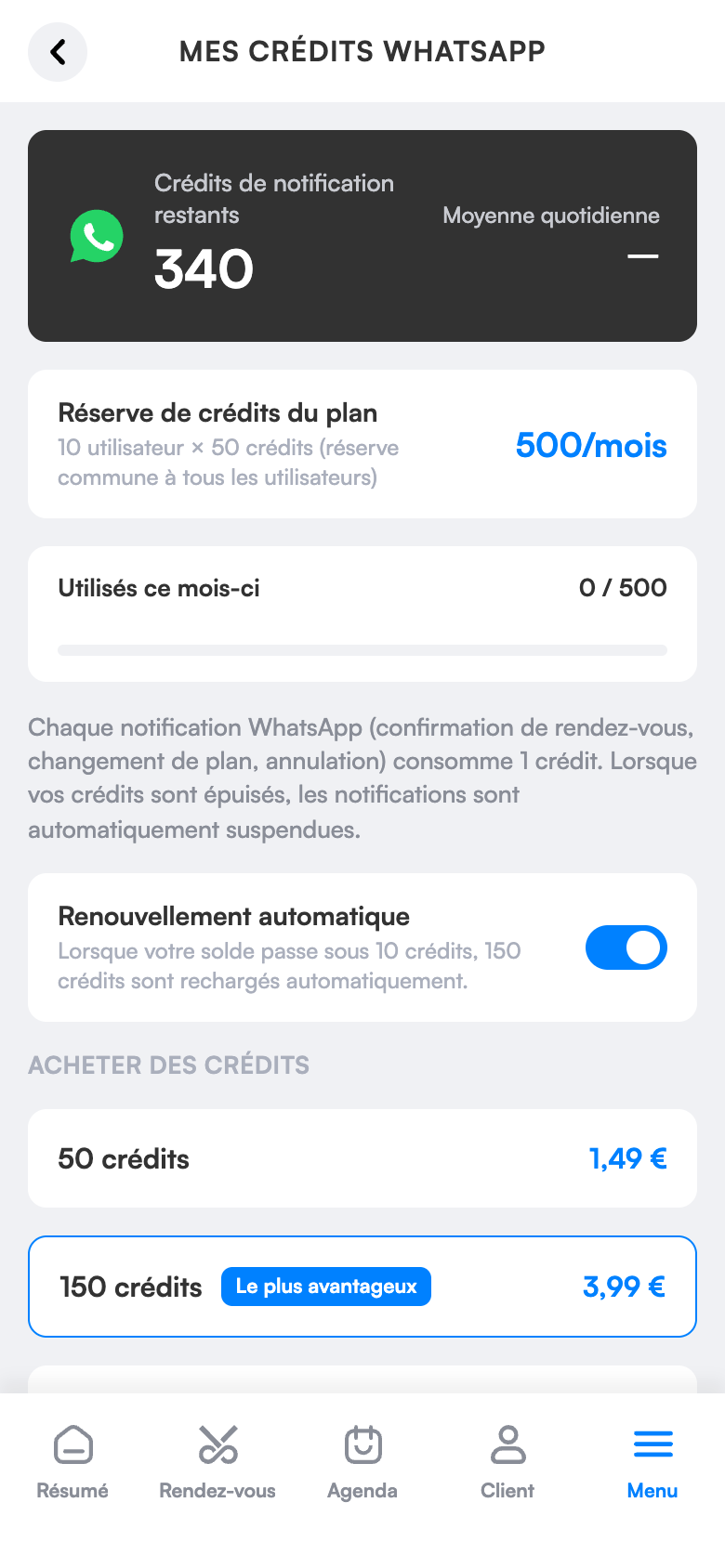 Écran des crédits WhatsApp