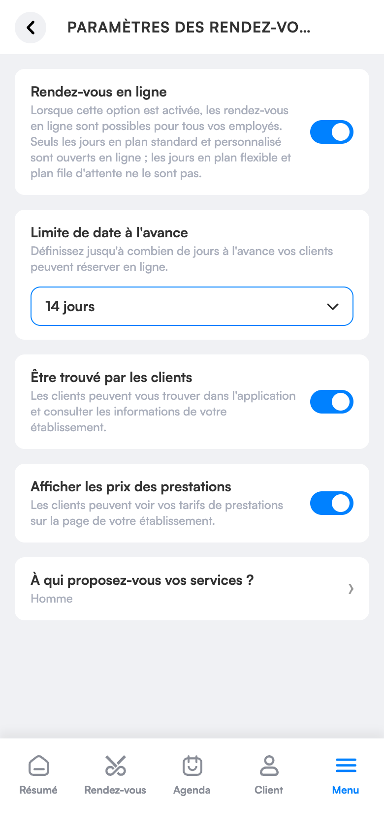 Réglages de la réservation en ligne