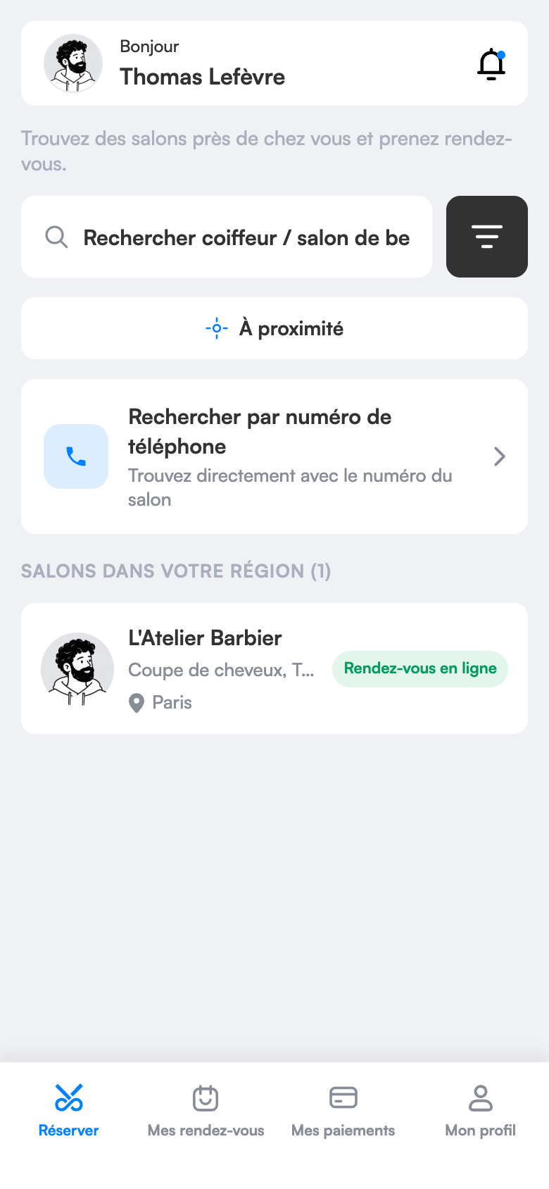 Application client : recherche de salon