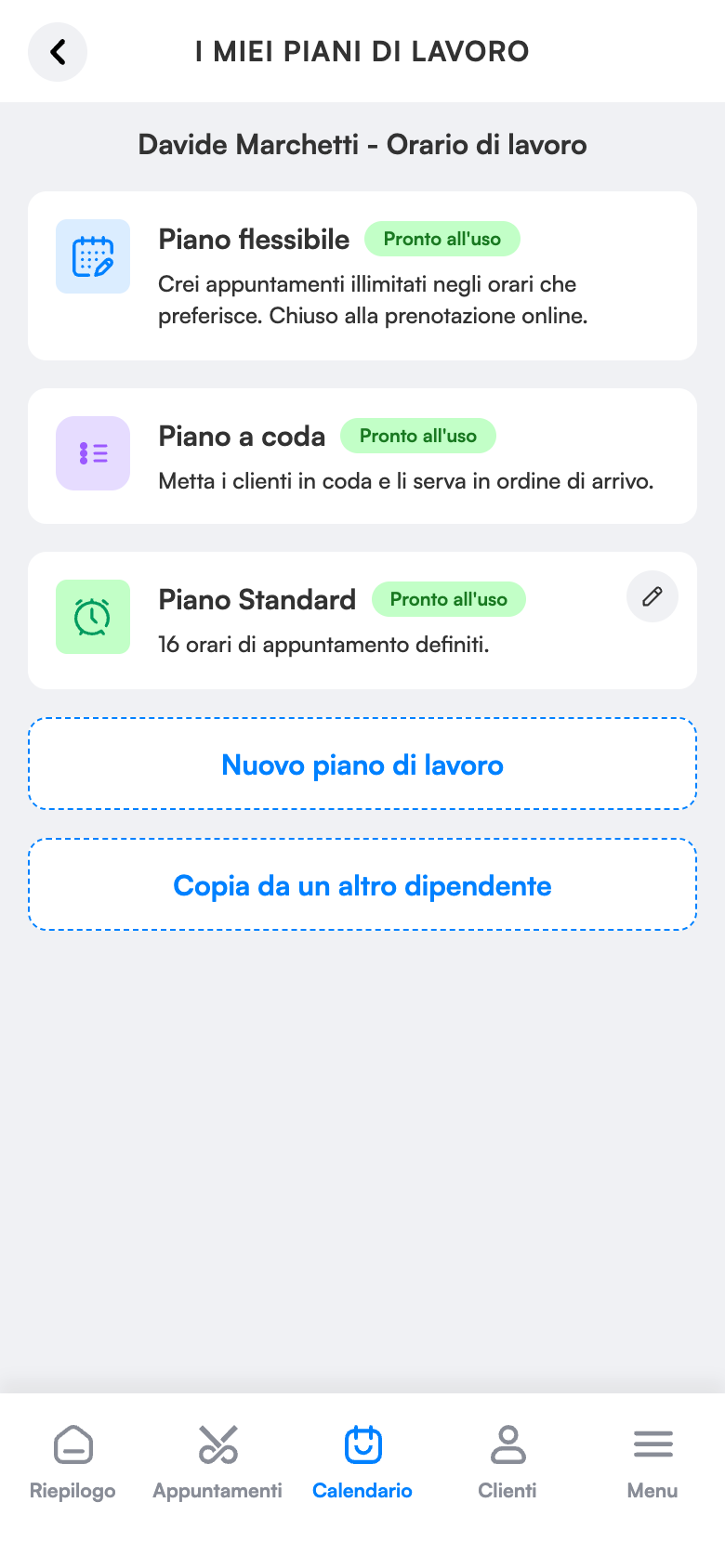 Schermata piani di lavoro