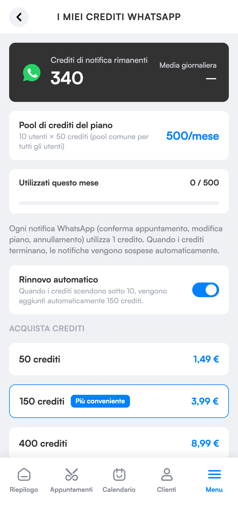 Schermata crediti WhatsApp