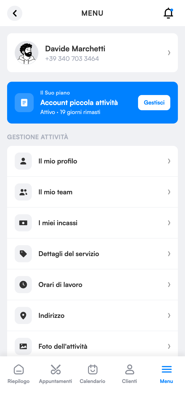 Menu dell’attività