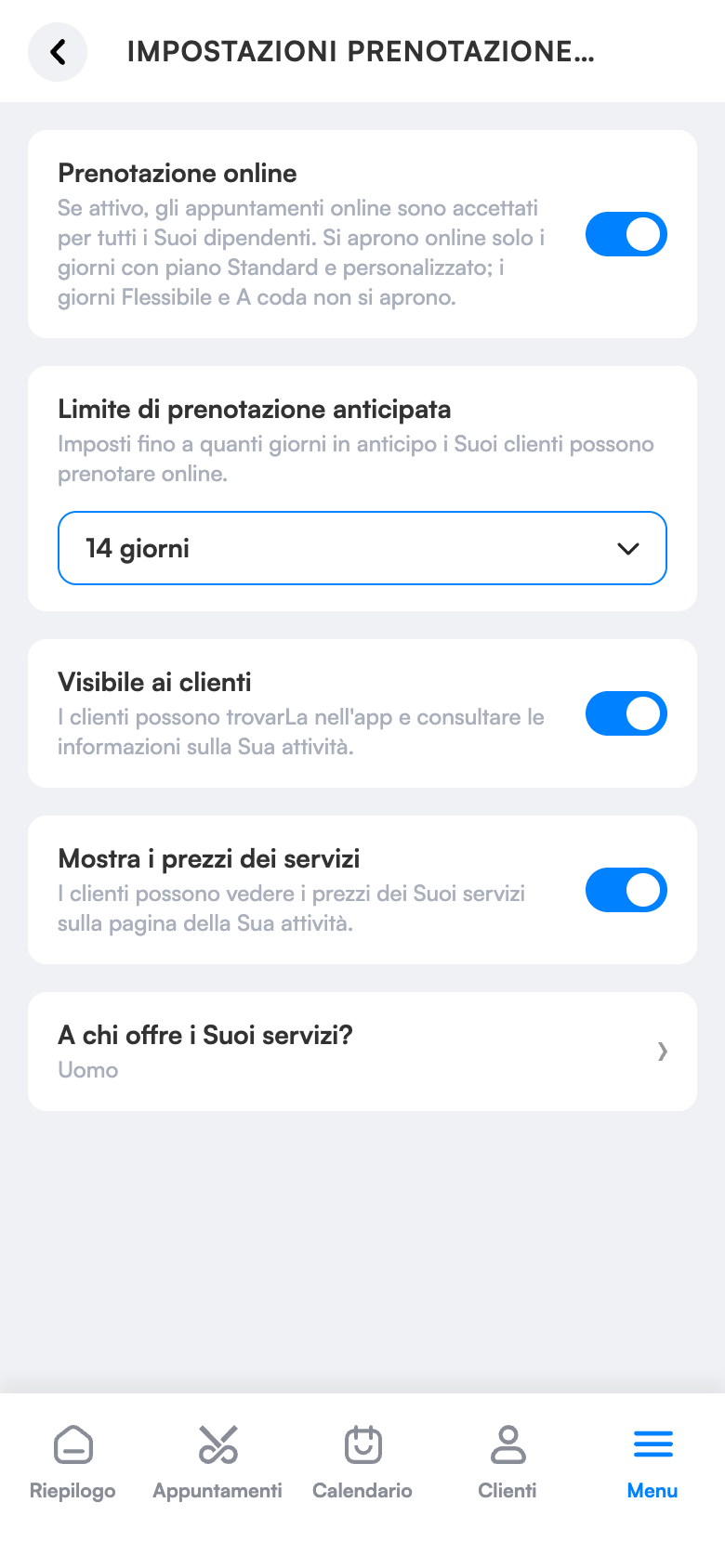 Impostazioni prenotazione online