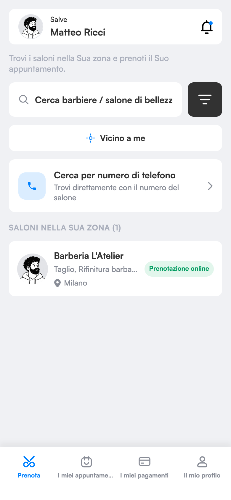 App clienti: ricerca saloni