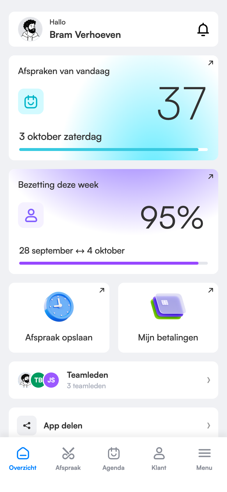 Overzichtsscherm van de mobiele 3 Numara-app