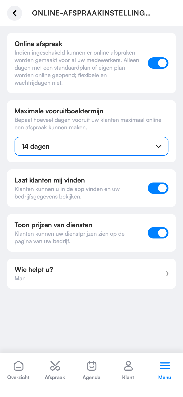 Instellingen voor online boeken