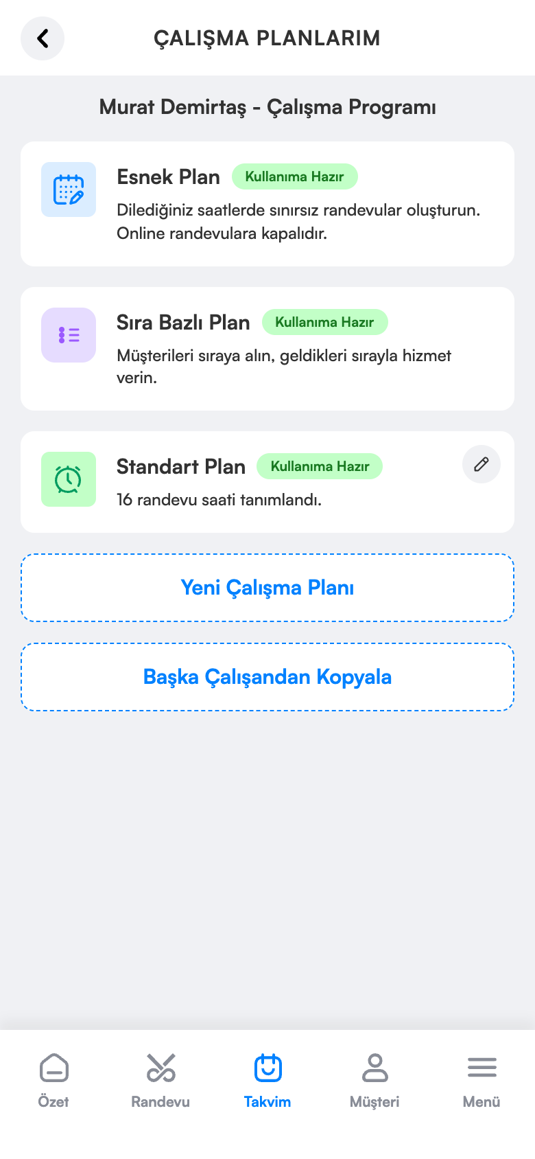 Çalışma planları ekranı