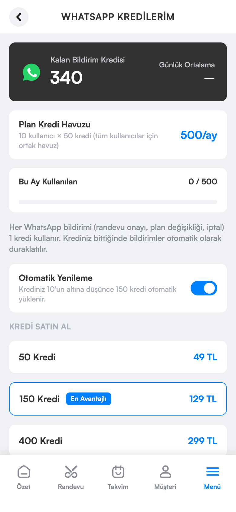 WhatsApp kredileri ekranı