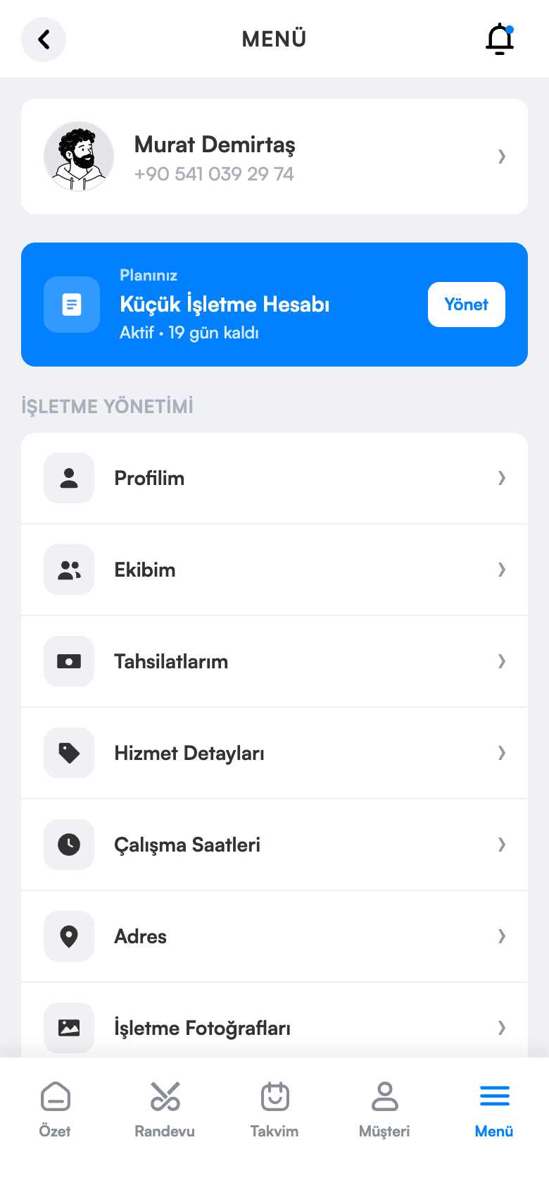 İşletme menüsü